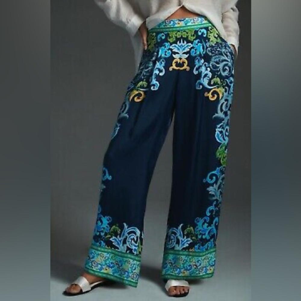 New Ranna Gill x Anthropologie Blue Printed Satin Wide Leg Resort Pants sz S